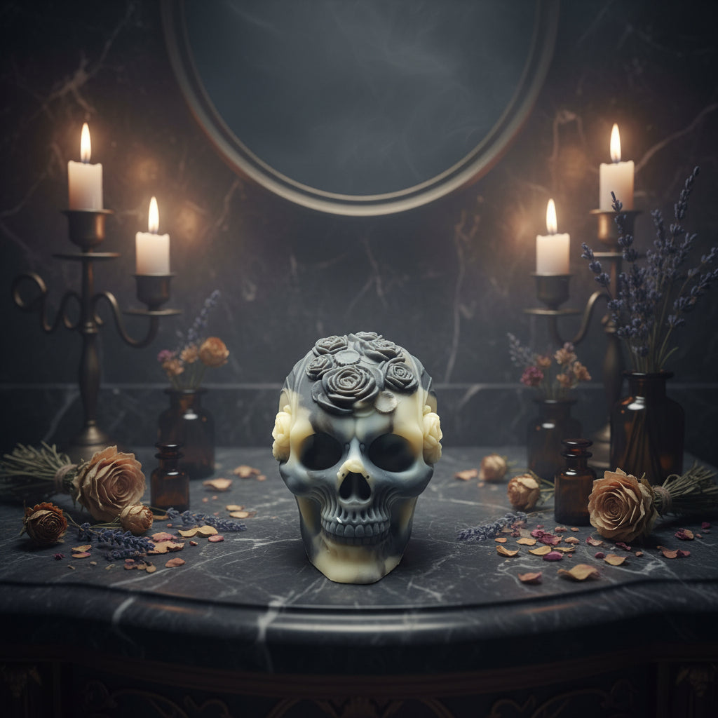 Savon naturel surgras avocat et charbon forme de tête de mort à fleurs - les petits savons